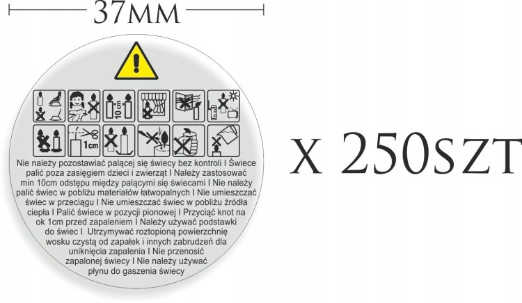 Naklejki PRZEZROCZYSTE ostrzegawcze do świec 37mm 250szt