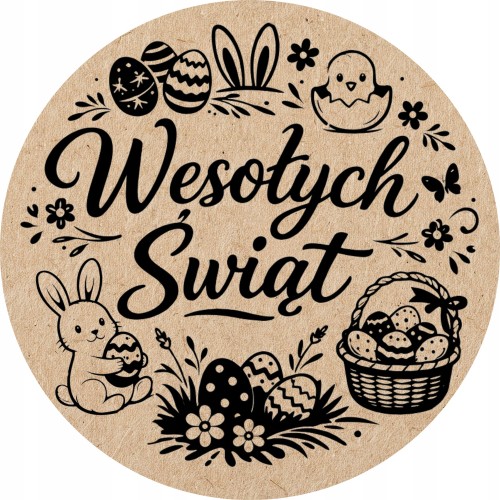 Naklejki Wesołych Świąt Wielkanocne okrągłe eko 5cm - 100szt