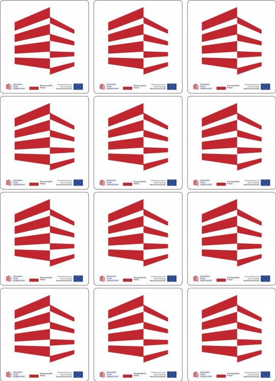 Naklejki KPO KRAJOWY PLAN ODBUDOWY z dodatkowym elementem 57x60mm 12szt
