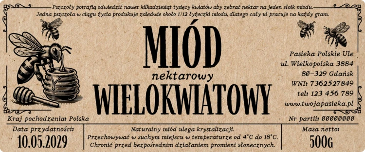 Personalizowane etykiety na MIÓD ekologiczne kraft I 120x50mm I 100szt