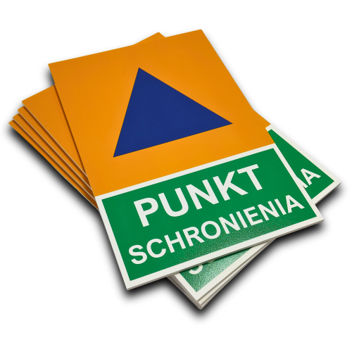 Tabliczka PUNKT SCHRONIENIA Miedzynarodowy Znak Obrony Cywilnej 20x30cm 5mm.png